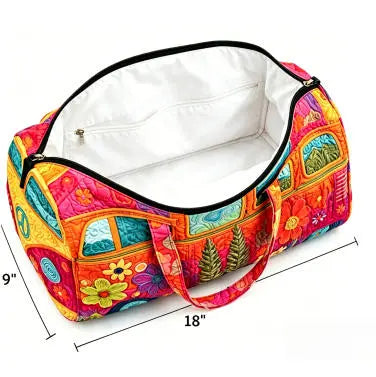 Retro Style Hippie Bus Quilted Travel Bag - Bohemian, High-Definition Printed Bus Bag with Colorful Floral Patterns, Weekend Luggage Bag, Large Capacity Fitness Bag