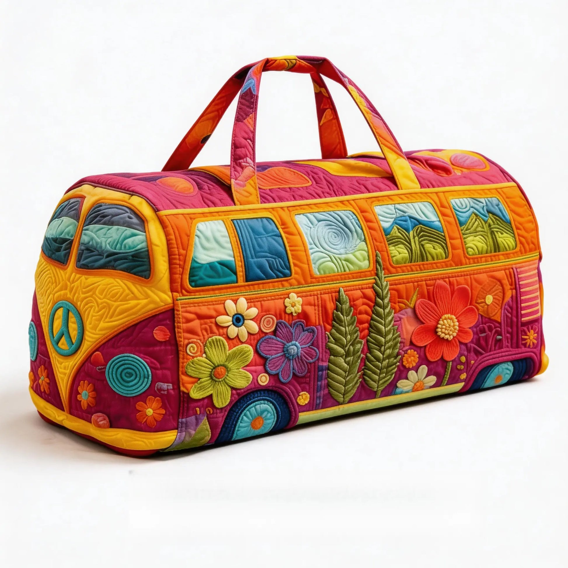 Retro Style Hippie Bus Quilted Travel Bag - Bohemian, High-Definition Printed Bus Bag with Colorful Floral Patterns, Weekend Luggage Bag, Large Capacity Fitness Bag