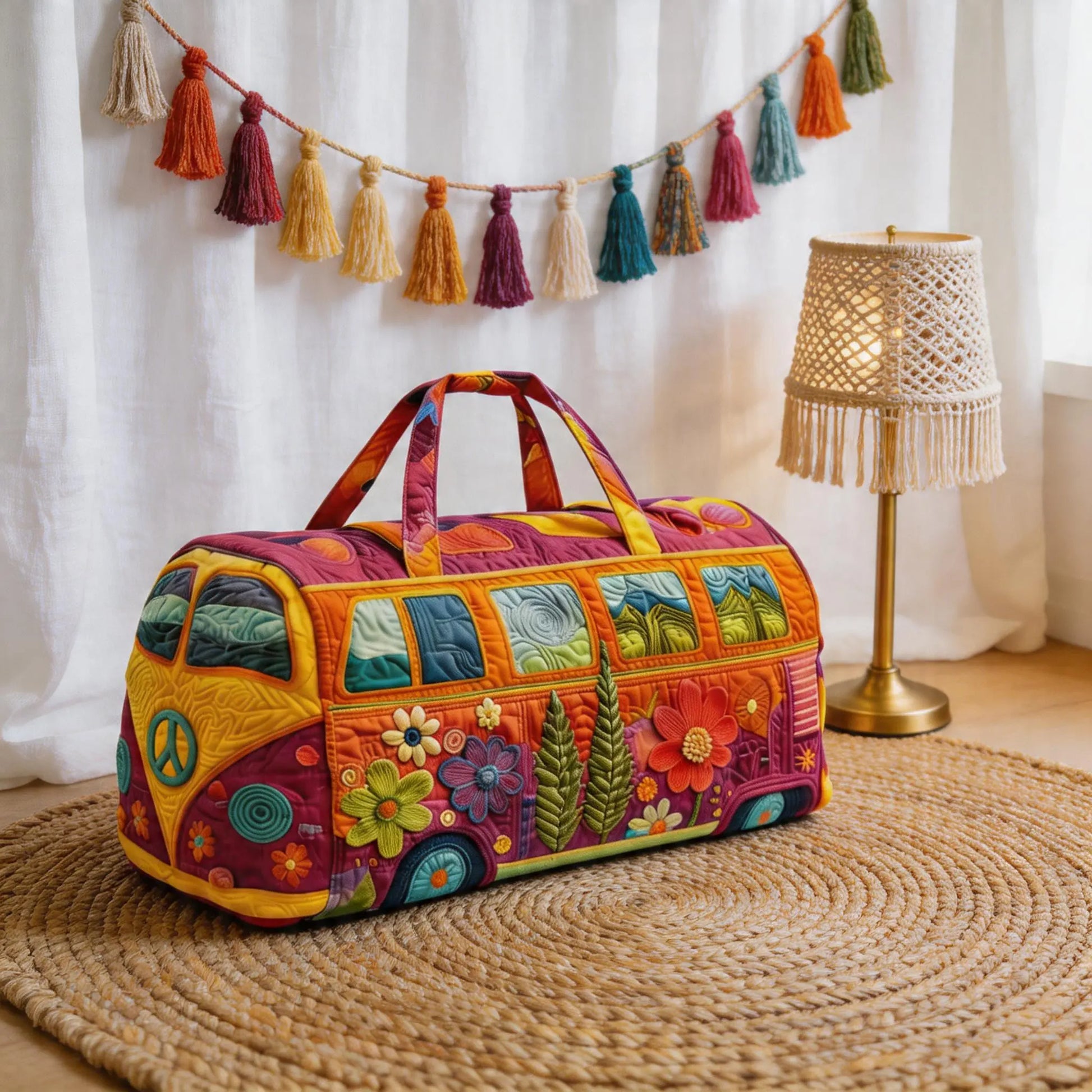 Retro Style Hippie Bus Quilted Travel Bag - Bohemian, High-Definition Printed Bus Bag with Colorful Floral Patterns, Weekend Luggage Bag, Large Capacity Fitness Bag