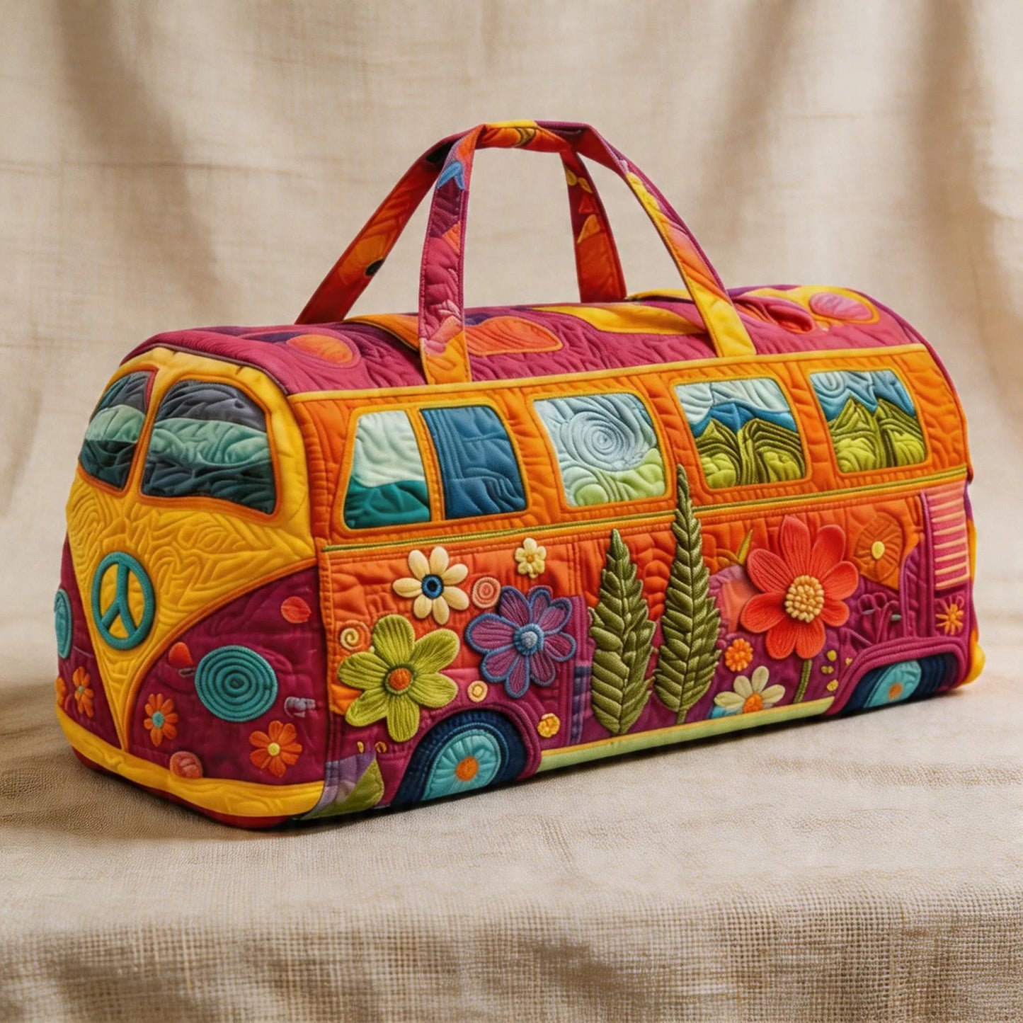 Retro Style Hippie Bus Quilted Travel Bag - Bohemian, High-Definition Printed Bus Bag with Colorful Floral Patterns, Weekend Luggage Bag, Large Capacity Fitness Bag
