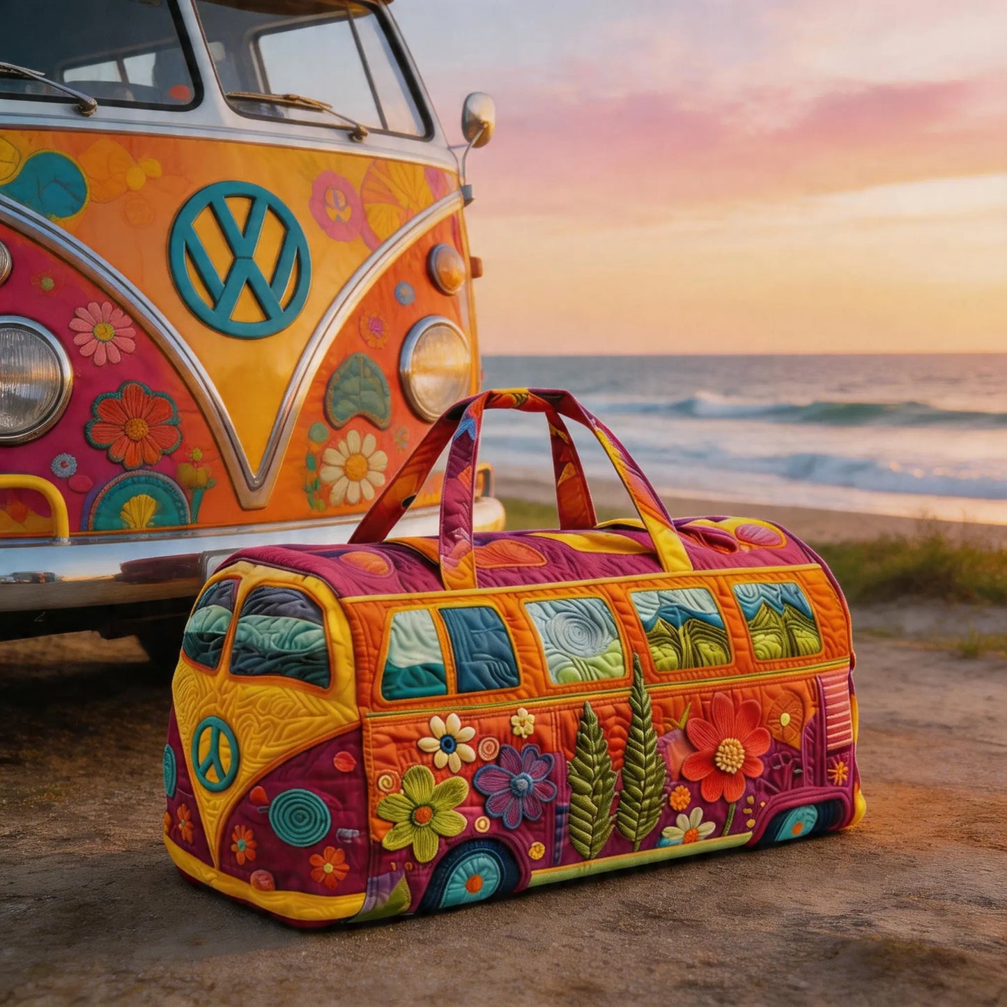 Retro Style Hippie Bus Quilted Travel Bag - Bohemian, High-Definition Printed Bus Bag with Colorful Floral Patterns, Weekend Luggage Bag, Large Capacity Fitness Bag