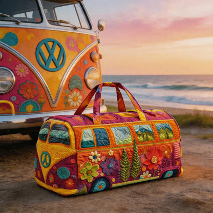Retro Style Hippie Bus Quilted Travel Bag - Bohemian, High-Definition Printed Bus Bag with Colorful Floral Patterns, Weekend Luggage Bag, Large Capacity Fitness Bag