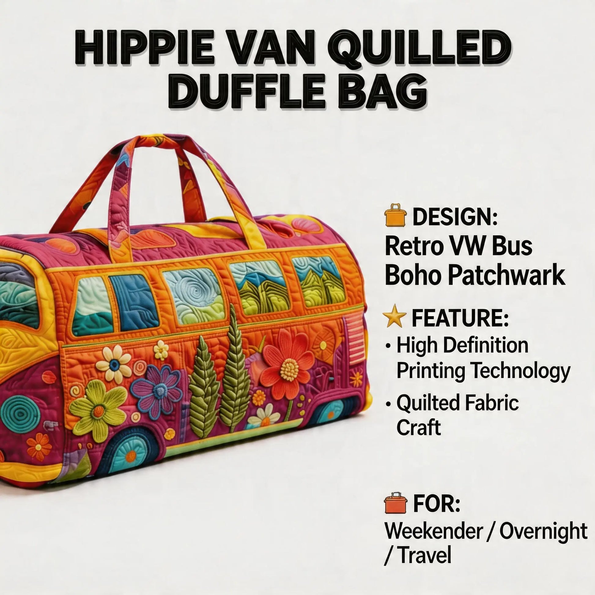 Retro Style Hippie Bus Quilted Travel Bag - Bohemian, High-Definition Printed Bus Bag with Colorful Floral Patterns, Weekend Luggage Bag, Large Capacity Fitness Bag